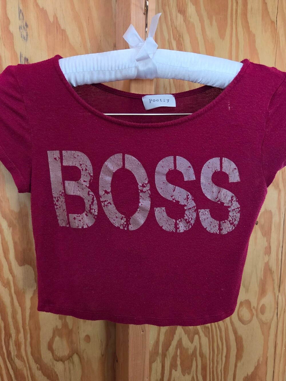 Poetry Womens Maroon Red Metallic Gold BOSS Graphic Crop Top Tee Size S